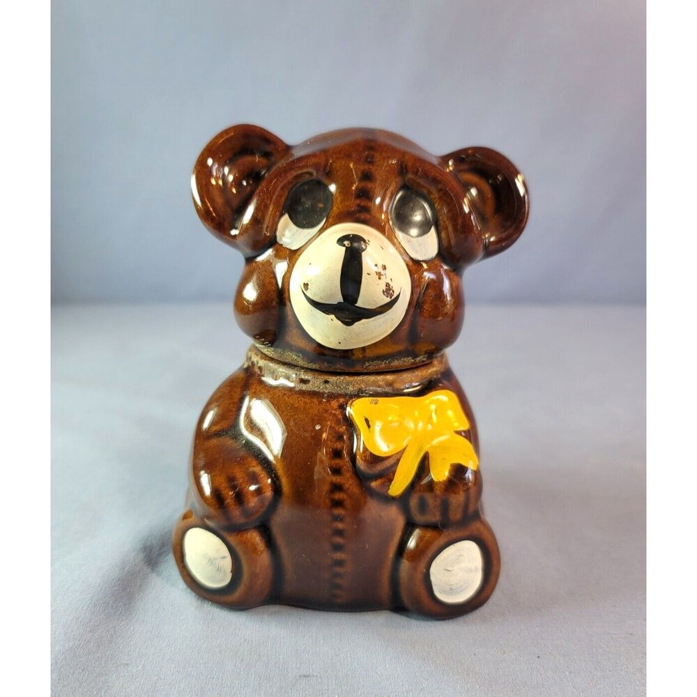 Brown Bear Honey Pot Jar w/Yellow Ribbon HOUSTON FOODS 1982 Vintage